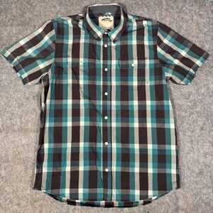 Vans Plaid Button Down‎ Shirt Mens Medium Teal Black Short Sleeve Skater Casual